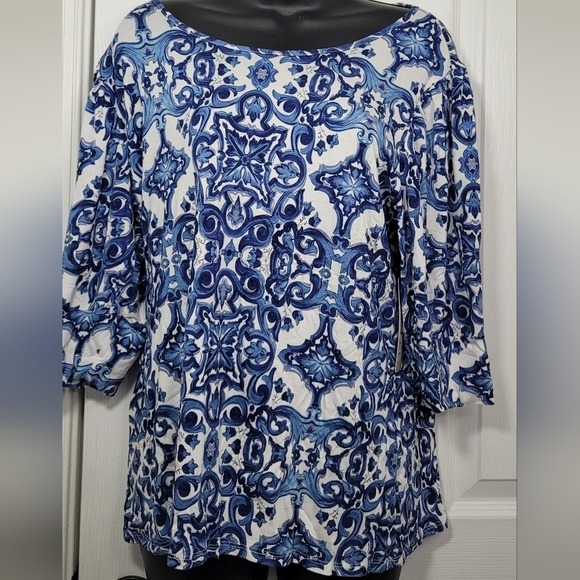Sunny Leigh Women's Blue Patterned Top Puff Sleeves - Picture 6 of 8